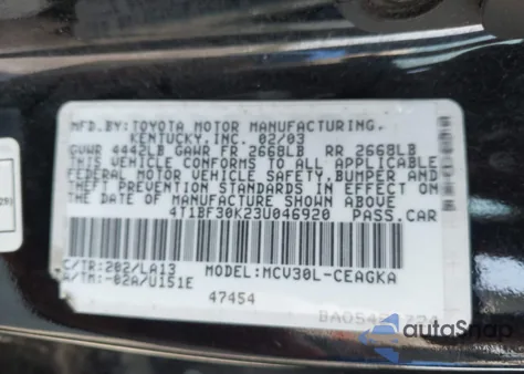 2003 Toyota Camry Xle V6 from USA, damaged, VIN 4T1BF30K23U046920